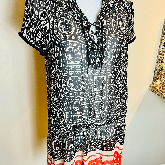 ANNA SUI Black Red Sheer Silk Border Print Lace Up Dress w Flounce. Size XS - Picture 2 of 10